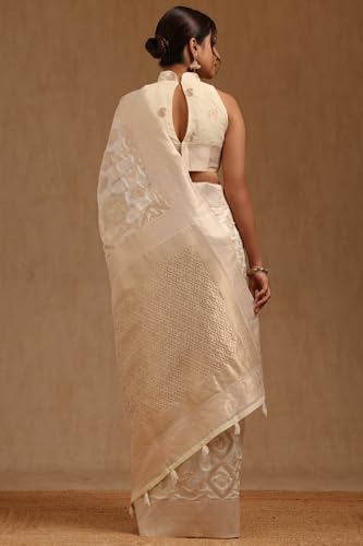 Soch Womens Cream Linen With Zari Woven Saree With Zari Woven