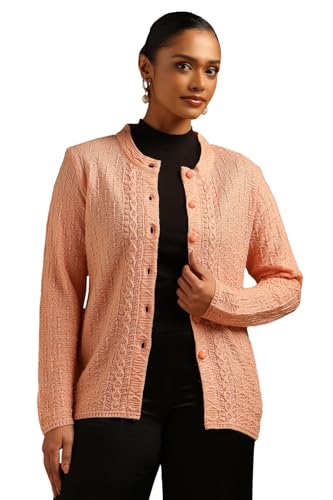 Soch Womens Peach Acrylic Knitted Cardigan with Beads and Stones