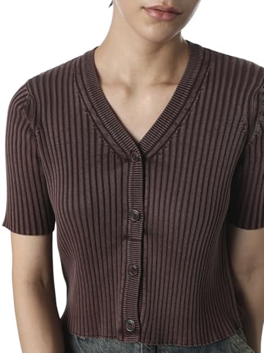 ONLY Women's Self Design Regular Fit Brown Top