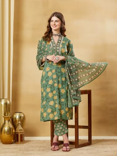 Divena Green Floral Cotton Kurta Sets With Dupatta