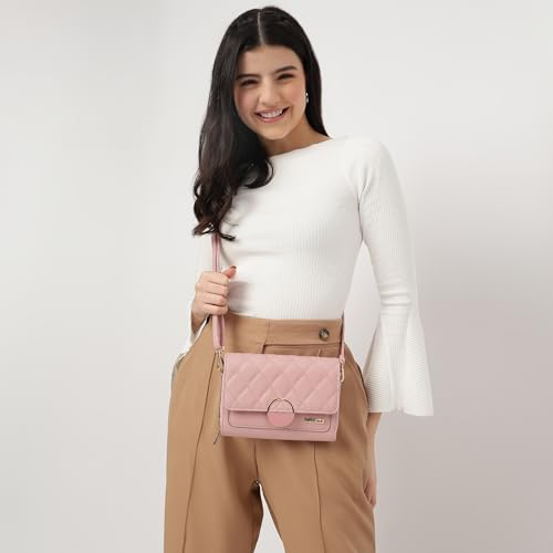 Fastrack Quilted Envelope Clutch For Women, Girls and Ladies | with Dual Zip Compartments & Detachable Sling Straps | Ladies Purse Handbag | Clutch For Casual Carry, Pink