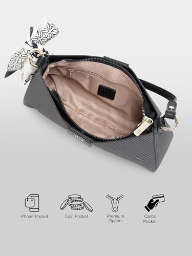 ITTI Alexi Shoulder Bag for Women | Soft Lightweight Medium Bag with 3 Compartments | Adjustable Strap & Decorative Scarf | Everyday & Casual Use (BLACK)