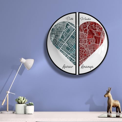 Telinchi Personalized Dual City Heart Map Art Plate | Custom Delhi Mumbai Street Map Decorative Plate with Names | Romantic Couple Keepsake Gift for Anniversary Wedding