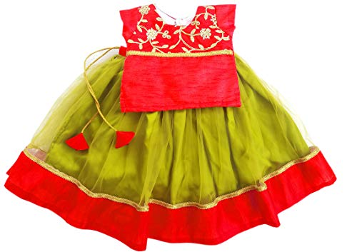 Stanwells Kids Girls Pea Green & Red Lehenga Choli Set | Net Embroidered Ethnic Dress | Traditional South Indian Pattu Pavadai (7–8 Years)