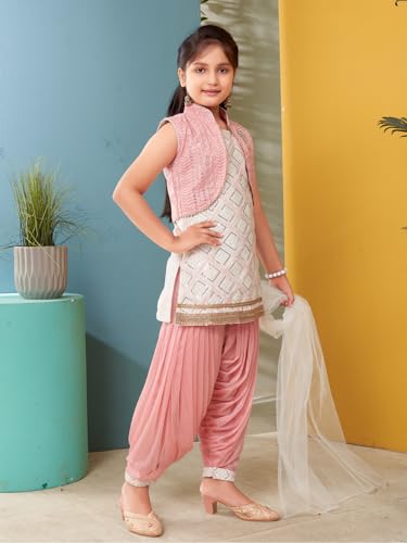Aarika Girls Ethnic Wear White-Peach Colour Sequin Embroidery Lace Work Silk Kurti Patiala With Jacket (4-10 Years)