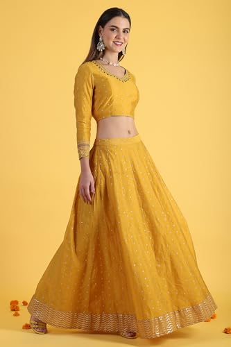 W for Woman Yellow Metallic Embroidery Crop Top & Skirt with Dupatta Set (Size: XL)-24AUWS31123-400772