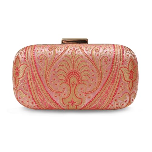 THE TAN CLAN Elora Banarasi Long Clutch Purses Luxury Handbags Bag for Women – Elegant Evening Handbag, Stylish Purse with Magnetic Closure