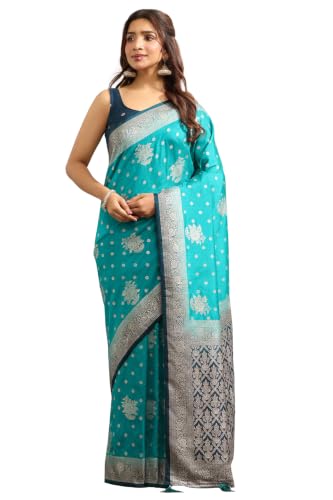 Soch Womens Turquoise Blue Viscose Botanical Zari Woven Saree With Stone Work