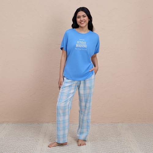 NYKD Buttery Soft Modal Cotton Graphic Tee for Women with Extended Sleeves – Comfortable Relaxed Fit, Stylish Design, Model NYS935 Blue