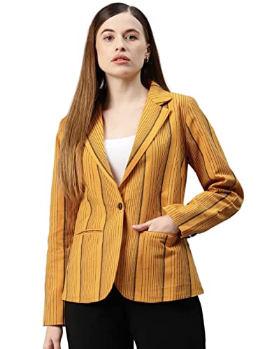 Cottinfab Women Yellow & Black Striped Blazer Single-Breasted