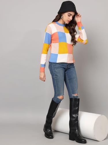 THE DRY STATE Womens Full Sleeves Round Neck Acrylic Colourblock Pullover Sweater