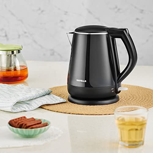 Havells Aqua Plus Electric Kettle 1.2 Litre, 1250 Watt | 304 Stainless Steel Inner Body | Cool Touch Body | Auto Shut-Off |Wider Mouth| 2 Year Warranty (Black)