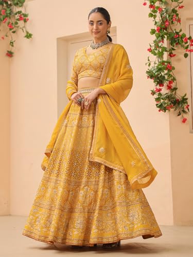 Woman's Elegant printed mustard yellow lehenga choli