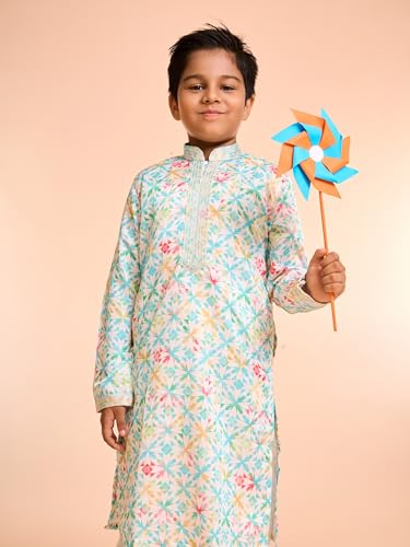 Manyavar Boys Satin Floral Jaal Printed Kurta Pyjama Set (Light Mid Green,2-3Y)