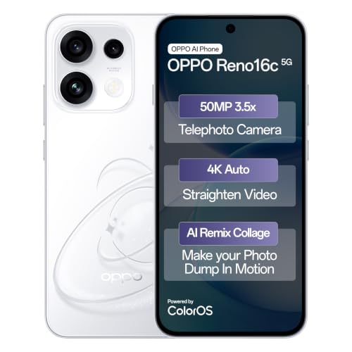 Oppo Reno16c 5G (Starry White, 8GB, 128GB) | 3D Design | 50MP 3.5X Telephoto Camera | 4K Video | AI Remix Collage | 7000mAh 80W SUPERVOOC | ColorOS 16 | IP69K | Dimensity 7300
