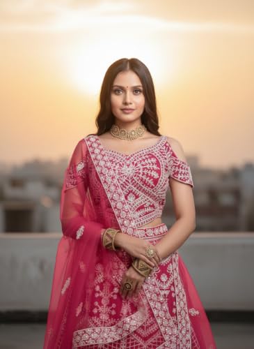 Women's Pink Net Embroidered Lehenga With Net Dupatta And Unstiched Choli