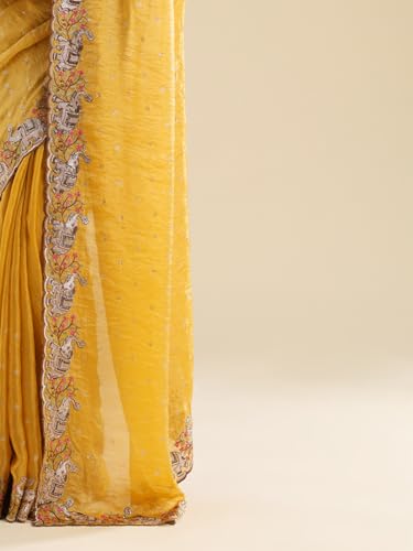 AKHILAM Women's Yellow Satin Elephant Embroidered Saree With Unstitched Blouse Piece (ANIKA2701_AG)