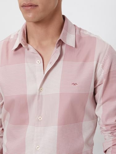 MUFTI Men Casual Shirt | Slim Fit Spread Collar Checked Design | 100% Cotton Breathable Fabric with Full Sleeves & Curved Hem | Perfect for Smart Casual Outings| Soft Pink 6XL