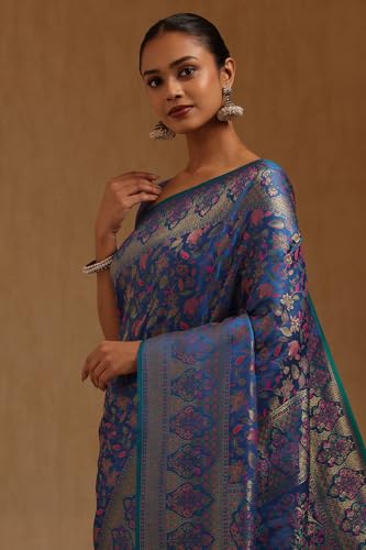 Soch Womens Blue Tussar Floral Woven Design Saree