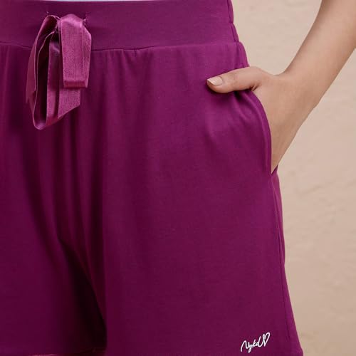NYKD Buttery Soft Modal Cotton Shorts for Women with Clean Elasticated Waist, Satin Tie & Side Pockets – Comfortable Relaxed Fit, Model NYS926 Wine