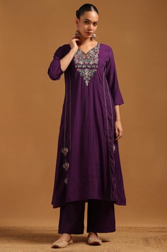 Soch Womens Purple Muslin Embroidered Salwar Suit With Sequins