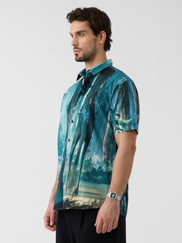 The Souled Store Jungle Book: Into The Wild Men and Boys Short Sleeves Collared Neck Button Front Blue Printed Cotton Blend Regular Fit Holiday Shirts