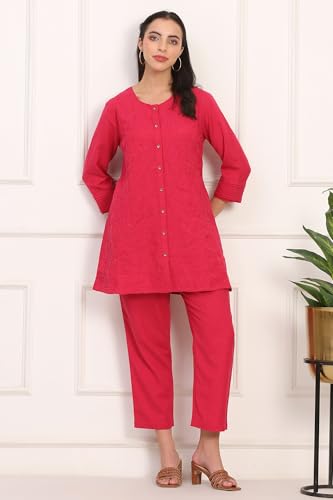W for Woman Solid Embroidered Rayon Flax A-line Red Tunic and Straight Pants Co-ord Set (Size: XS)-WSST31085-603668