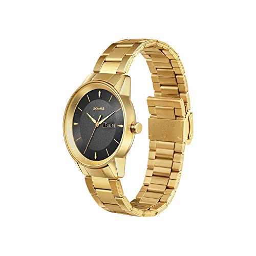 Sonata Utsav Quartz Analog With Day & Date Grey Dial Gold Stainless Steel Strap Watch for Men - NT7133YM02