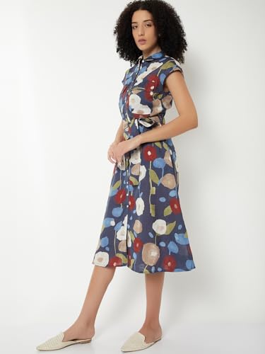 Max Women Printed Midi Dress(Blue_XL)