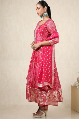 Soch Womens Fuchsia Brocade Bandhani Chudidar Set With Thread Work