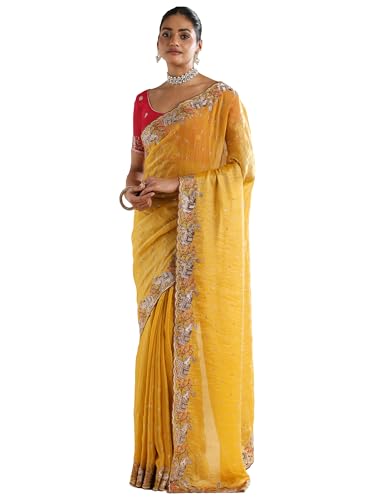 AKHILAM Women's Yellow Satin Elephant Embroidered Saree With Unstitched Blouse Piece (ANIKA2701_AG)