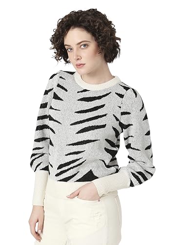VERO MODA Women Printed Polyester Blend Regular Fit Off-White Sweater