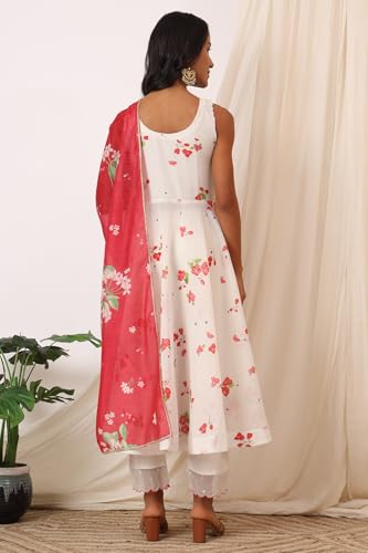 W for Woman White Bold Floral Printed Sleeveless Chanderi Anarkali Kurta with Pants and Red Printed Dupatta Set (Size: XL)-WS12495-125423