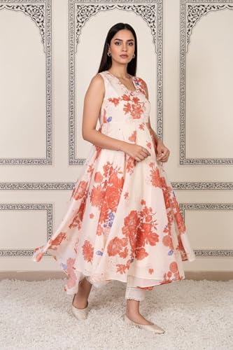 W for Woman Peach Floral Printed Chanderi Flared Kurta with Straight Pant and Dupatta Set (WS12803-125939-XL)