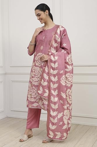 Biba Women Pink Chanderi Blend Printed Embroidered Unstitched Suit Set_FREE SIZE