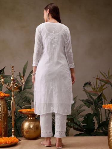 Ada Hand Embroidered Lucknow Chikankari Women's Cotton Blend Kurta with Slip A411117 (L, White)