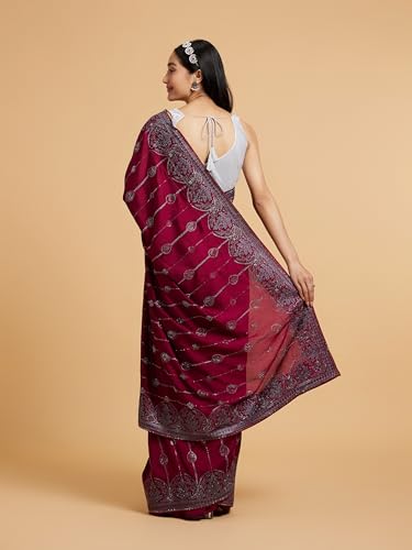 MOHEY Women's Art Silk Stone Work|Zari Saree(Wine)