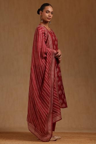 Soch Womens Brick Red Chanderi Floral Printed Salwar Suit With Zari