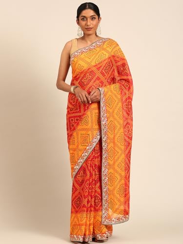 Panzora Women's Yellow Georgette Bandhani Gota Patti Work Border Saree With Unstitched Blouse Piece