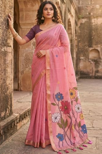 SGF11 Women's Cotton Linen Soft Silk Saree With Unstitched Blouse Piece (Pink)