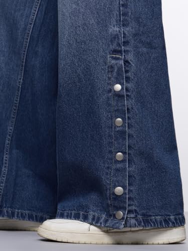 The Souled Store Wide-Leg Denim: Cinnamon Women and Girls Buttoned Waistband Blue Light Wash Cotton Denim Lightweight Everyday All Season Wide Leg Jeans