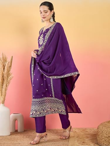 Varanga Women Kurta With Zari Embroidered Yoke And Border, Paired With Solid Trousers And A Matching Bordered Dupatta.