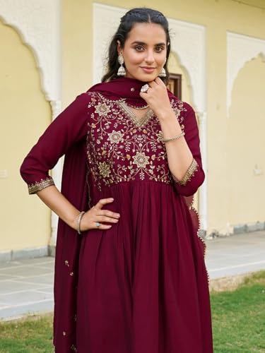 NIVANA Emboidered Flared Kurta with pant & Embroidered Dupatta | M | Maroon | V-neck | 3-Piece Ethnic Set