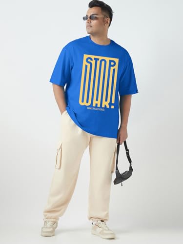 Bewakoof Plus Men's Typography Oversized Fit Half Sleeve Round Neck Cotton Plus Size T-Shirt_694226_Blue_5XL
