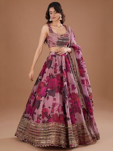 Zeel Clothing Women's Organza Semi-stitched Print and Sequins Embroidered Lehenga Choli With Dupatta (7067-Pink--Lehenga-Choli-Latest, Free size) (Pink)