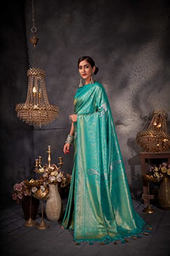 Vardha Women's Kanchipuram Art Silk Saree with Unstitched Blouse Piece - Gold Copper Silver Zari Woven Work Sarees for Wedding (Ayana Silk_539)