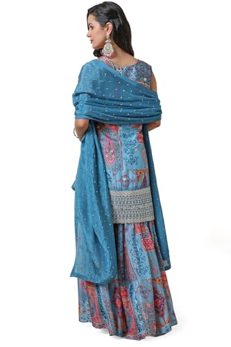 Soch Womens Powder Blue Ethnic Motifs Print Chinon Suit Set