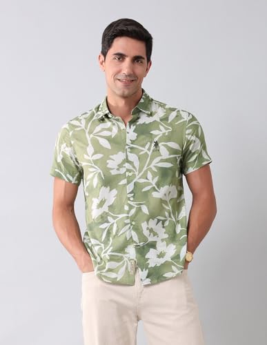 U.S. POLO ASSN. Denim Co. Men's Green Floral Printed Spread Collar Half Sleeve Casual Cotton Regular Fit Shirt (UDSHT1506_Green_39)