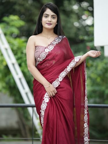 SAREE MALL Women's Maroon Satin Solid Saree With Unstitched Blouse (KESARI11601_KR)