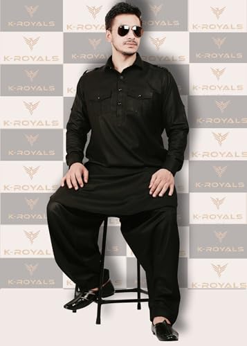 K-ROYALS Afghani Style Men'S Solid Pathani Suit/Luxury Fabric Kurta Pyjama Set (Black, XXX-Large)